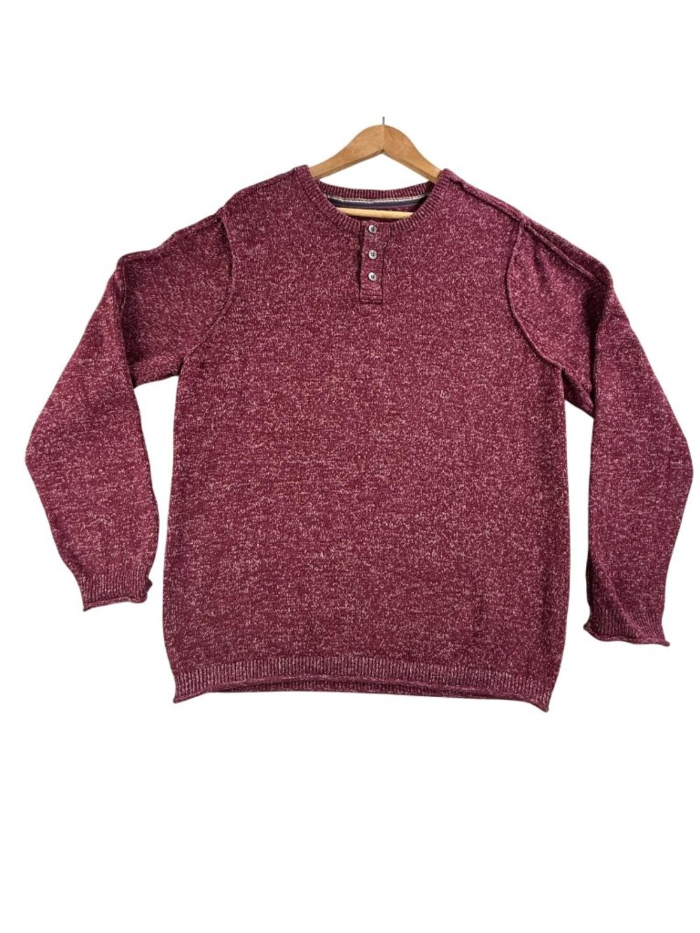 Carbon2cobalt Sweater Mens Large Red Marled Henley Crewneck Cotton Knit Pullover